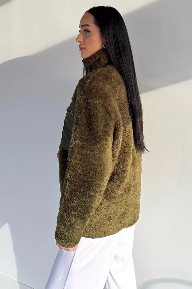 Kadın Tek Cepli Fermuarlı Peluş Mont