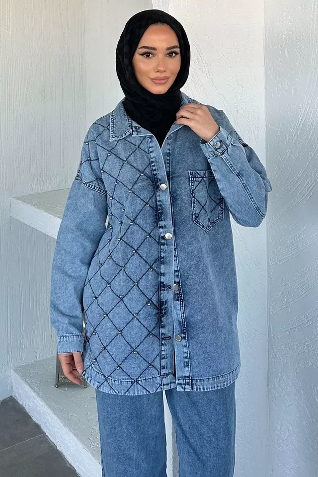 Kadın Tek Cepli Taş Detaylı Jean Kot Ceket Pantolon Tesettür İkili Takım