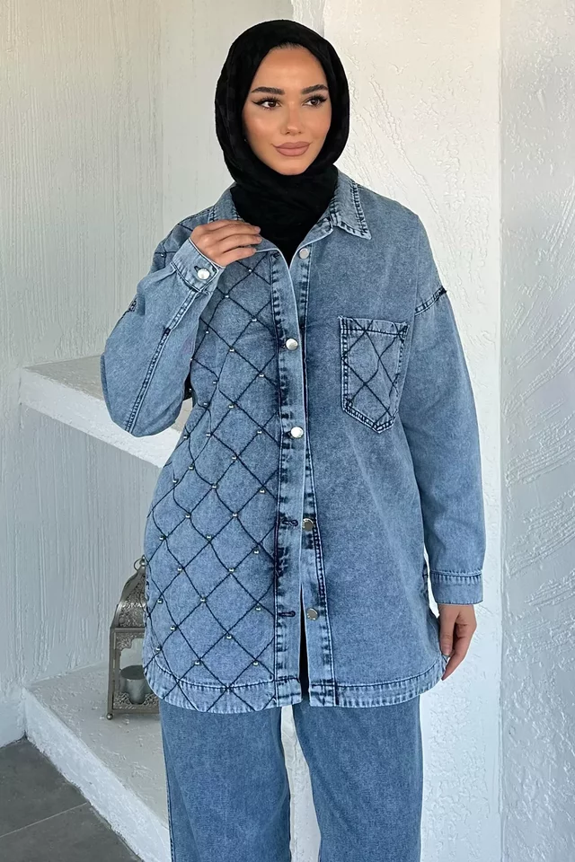 Kadın Tek Cepli Taş Detaylı Jean Kot Ceket Pantolon Tesettür İkili Takım