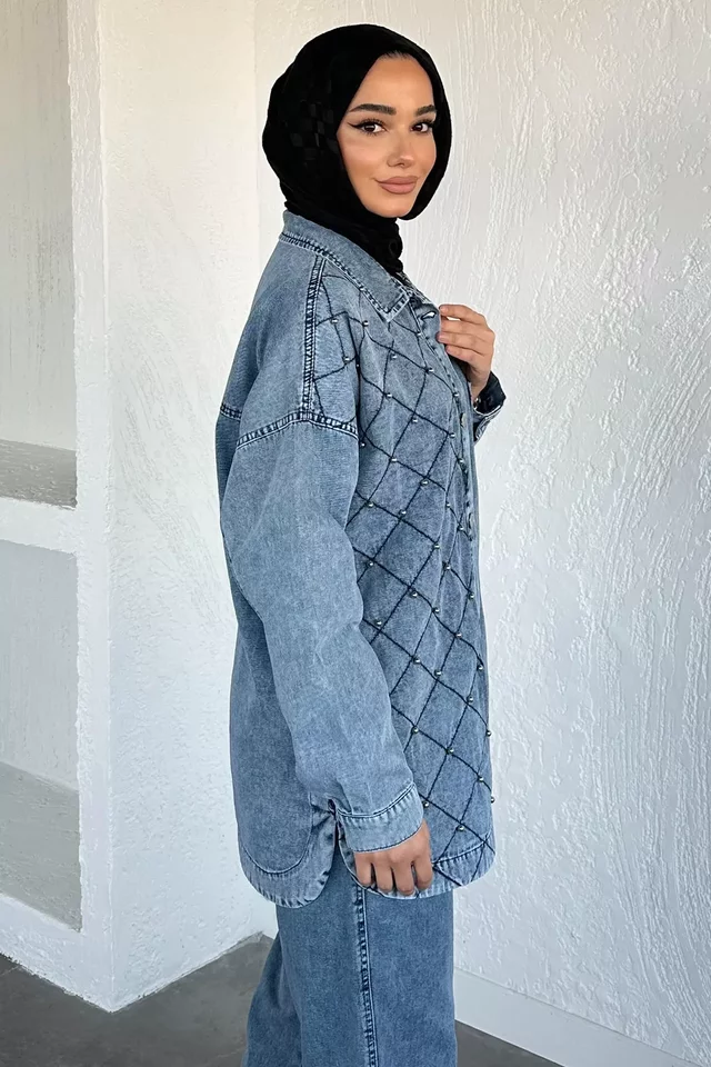 Kadın Tek Cepli Taş Detaylı Jean Kot Ceket Pantolon Tesettür İkili Takım