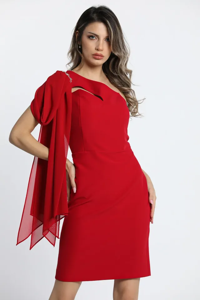 Kadın Tek Omuz Taşlı Tül Detaylı Abiye Gece Kıyafeti Kırmızı