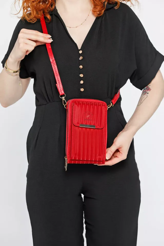 Kadın Telefon Bölmeli Desenli Günlük Cüzdan Çanta Kırmızı