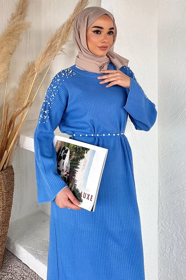 Kadın Tesettür Kol İncili Taşlı Triko Elbise - 2