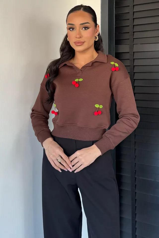 Kadın Üç İplik Şardonlu Kirazlı Sweatshirt - 1