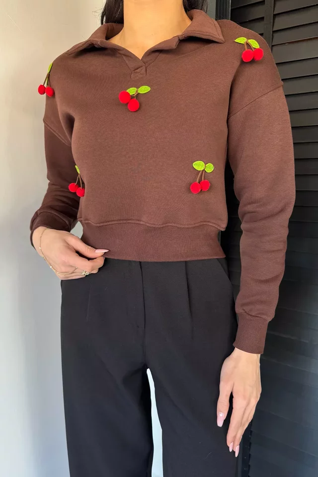 Kadın Üç İplik Şardonlu Kirazlı Sweatshirt - 2