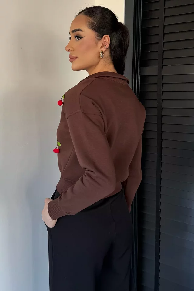 Kadın Üç İplik Şardonlu Kirazlı Sweatshirt