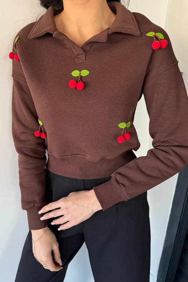 Kadın Üç İplik Şardonlu Kirazlı Sweatshirt