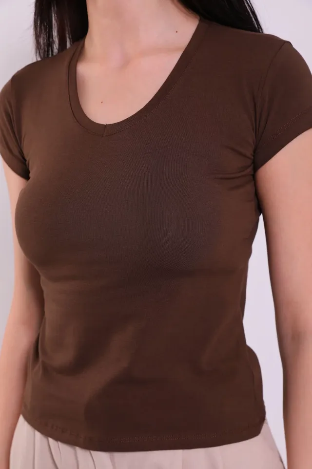 Kadın V Yaka Basıc Body T-shirt Kahve