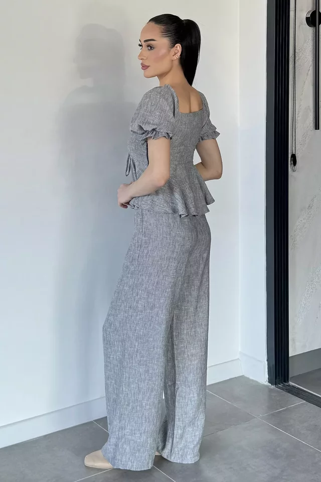 Kadın V Yaka Bluz Pantolon İkili Takım