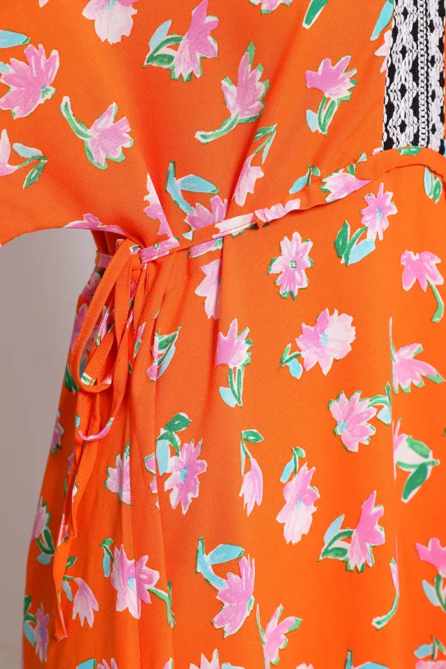 Kadın V Yaka Çiçek Desenli Salaş Elbise Orange