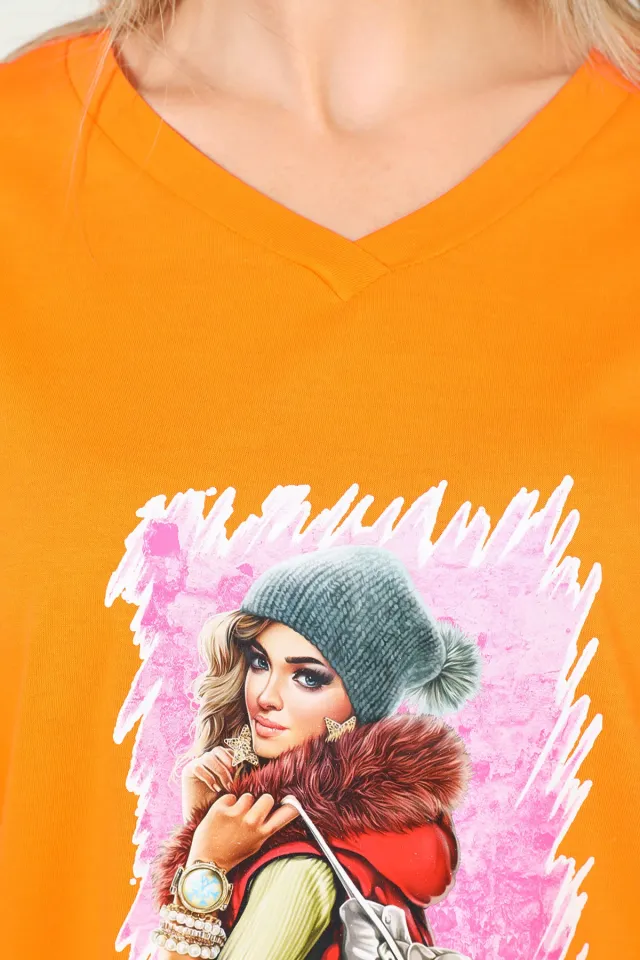 Kadın V Yaka Ön Baskılı Salaş T-shirt Orange