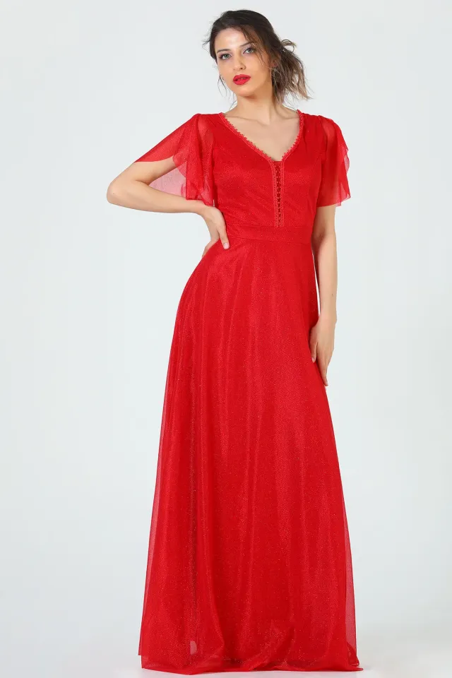 Kadın V Yaka Simli Abiye Elbise Kırmızı