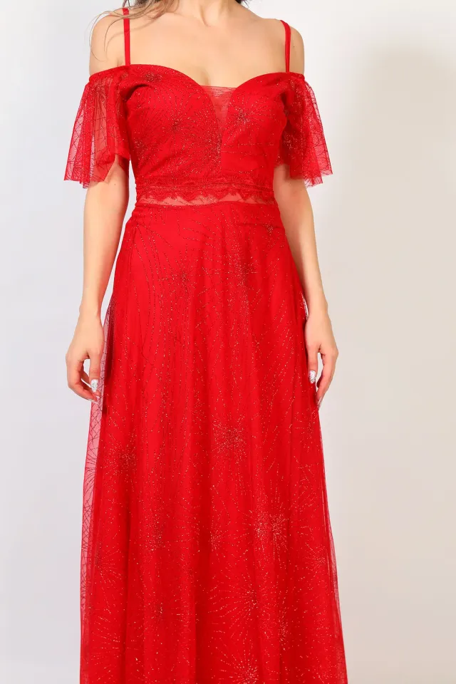 Kadın Yaka Bel Tül Dekolteli Astarlı Işıltılı Uzun Abiye Elbise Kırmızı