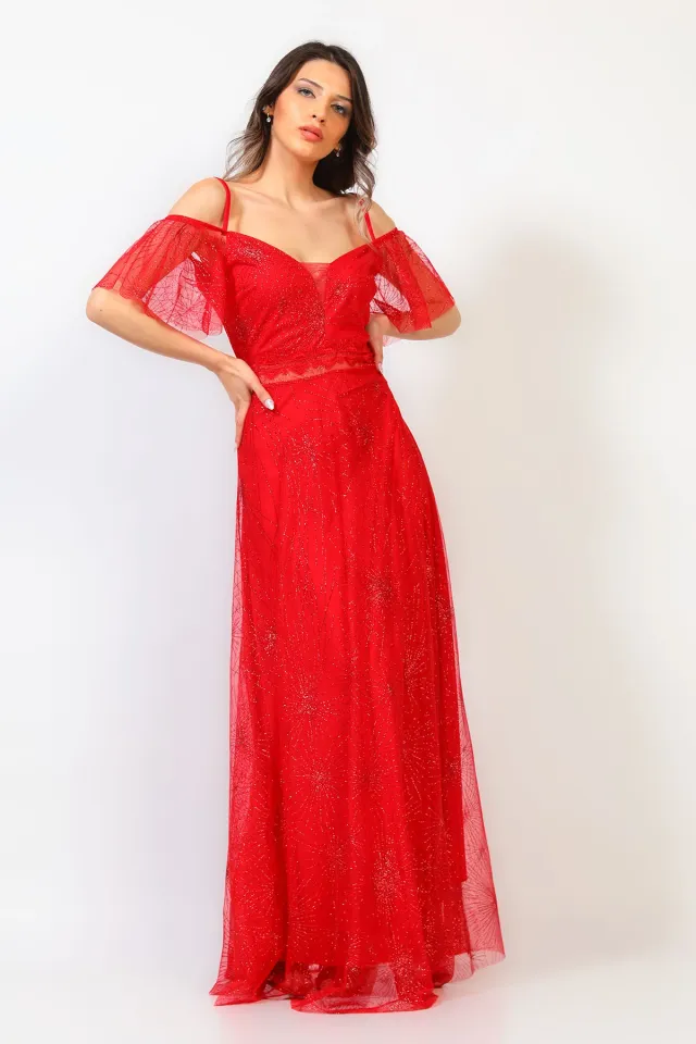 Kadın Yaka Bel Tül Dekolteli Astarlı Işıltılı Uzun Abiye Elbise Kırmızı