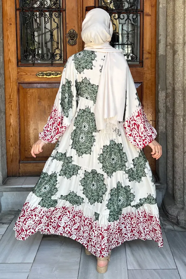 Kadın Yaka İpli Eteği Kat Kat Desenli Viskon Elbise Haki