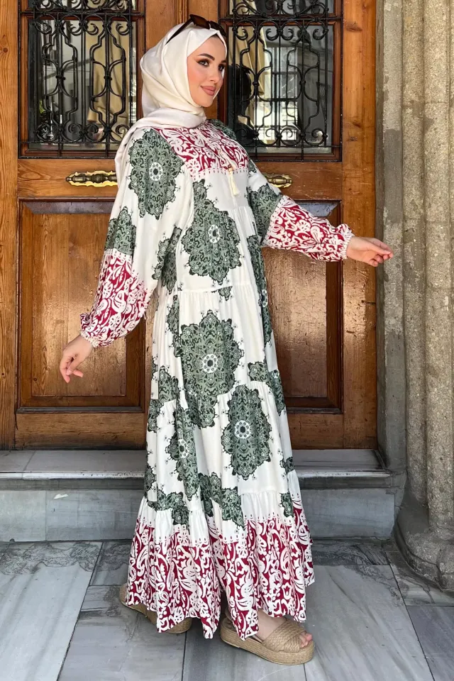 Kadın Yaka İpli Eteği Kat Kat Desenli Elbise Haki