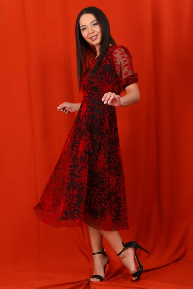 Kadın Yaka Kruvazeli Flok Desenli Abiye Elbise Kırmızı