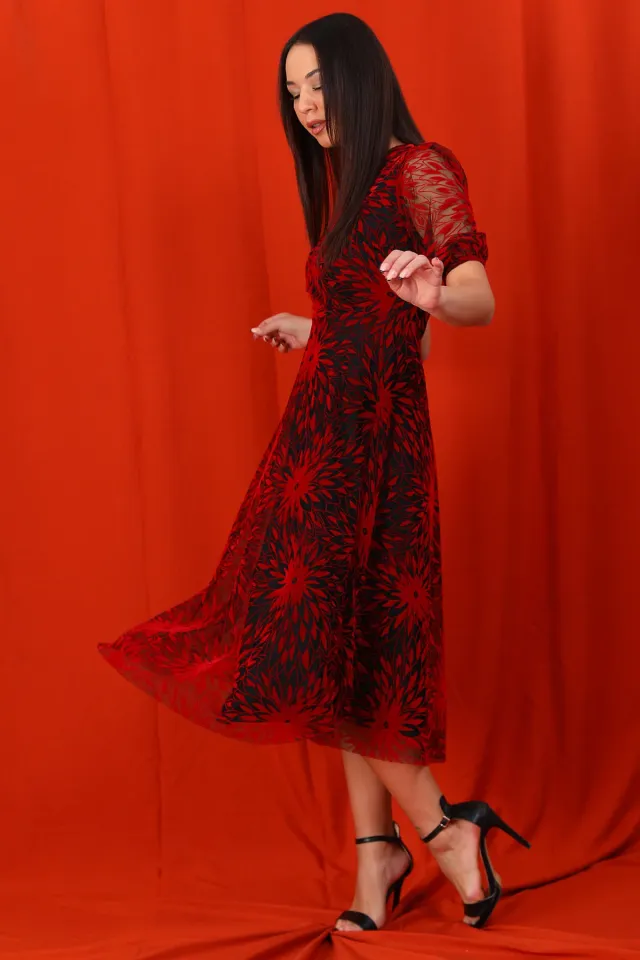 Kadın Yaka Kruvazeli Flok Desenli Abiye Elbise Kırmızı