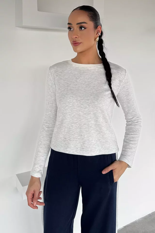 Kadın Yaka Şeritli Bisiklet Yaka Sweatshirt