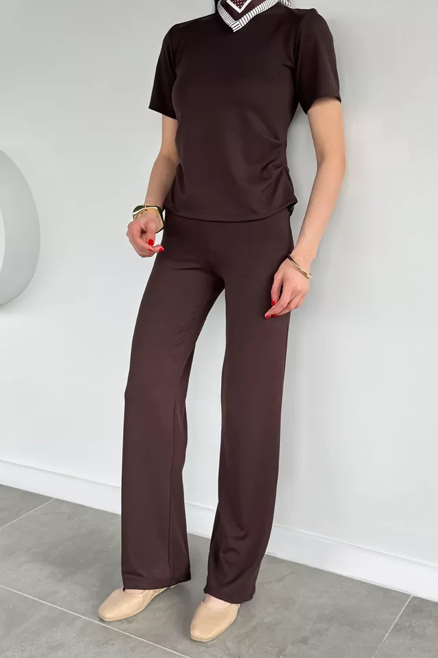 Kadın Yan Büzgülü Bluz Bol Paça Pantolon İkili Takım - 1