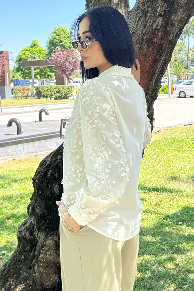 Kadın Yaprak Desenli Uzun Kol Gömlek