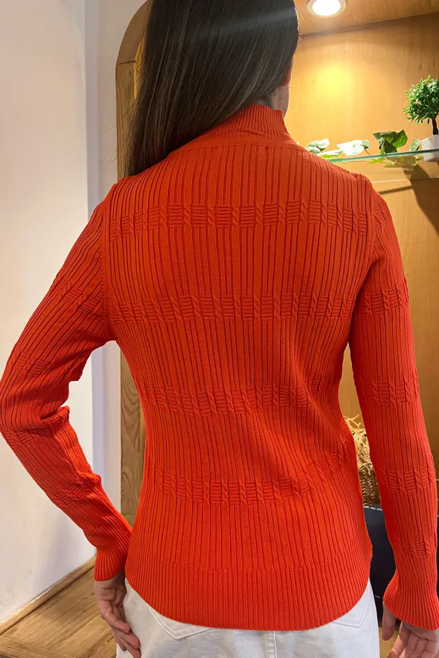 Kadın Yarım Balıkçı Desenli Likralı Triko Bluz Orange