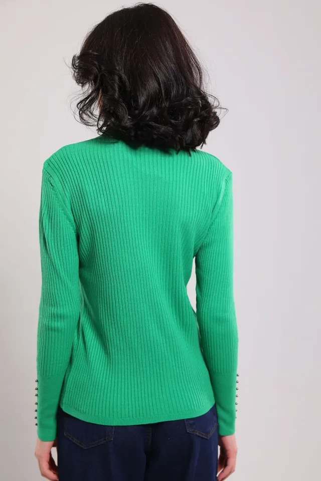 Kadın Yarım Balıkçı Fitilli Triko Bluz Yeşil