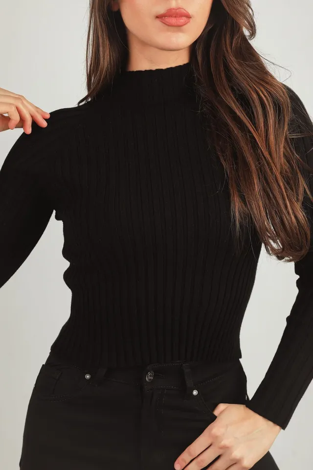 Kadın Yarım Balıkçı Yaka Fitilli Likralı Crop Triko Bluz Siyah