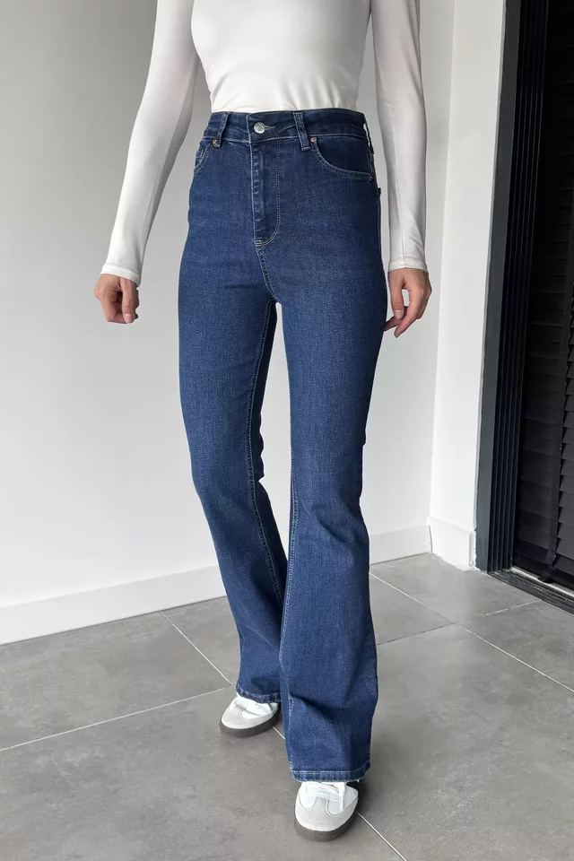 Kadın Yüksek Bel İspanyol Paça Jean Kot Pantolon - 1