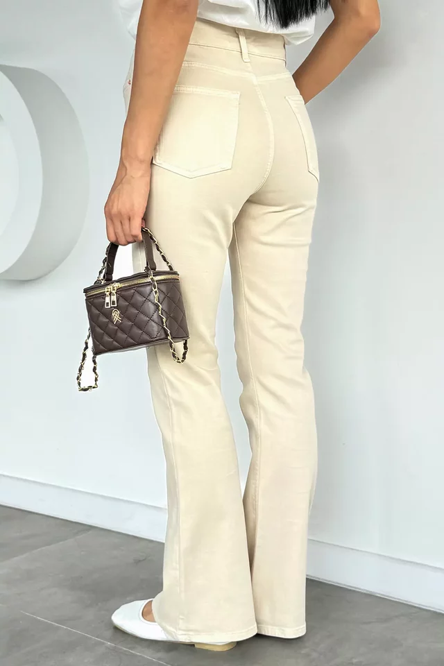 Kadın Yüksek Bel İspanyol Paça Likralı Gabardin Pantolon