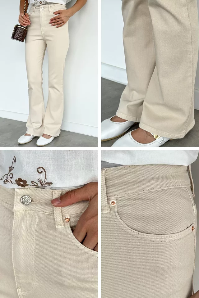 Kadın Yüksek Bel İspanyol Paça Likralı Gabardin Pantolon