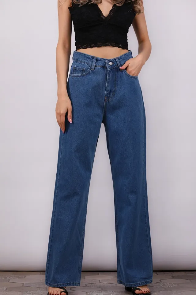 Kadın Yüksek Bel Bol Paça Jeans Pantolon Mavi