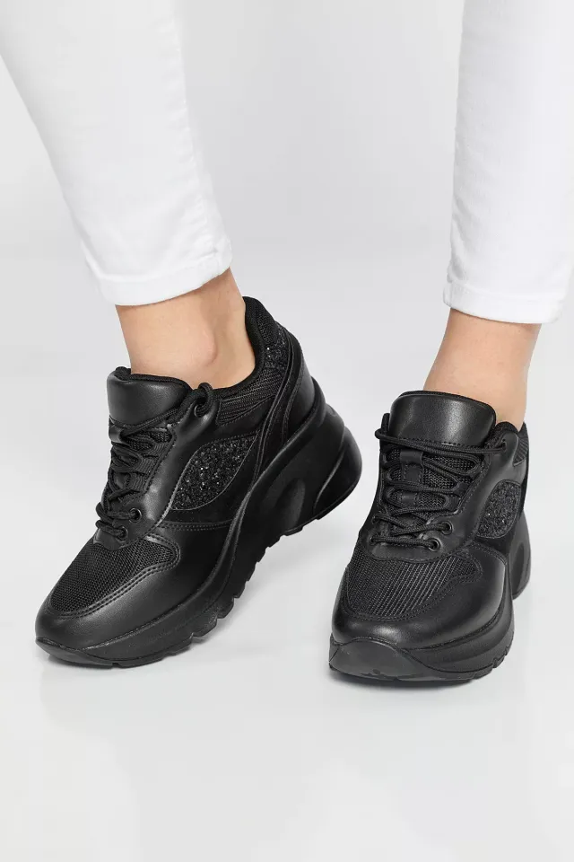 Kadın Yüksek Taban Bağcıklı Spor Ayakkabı Siyah