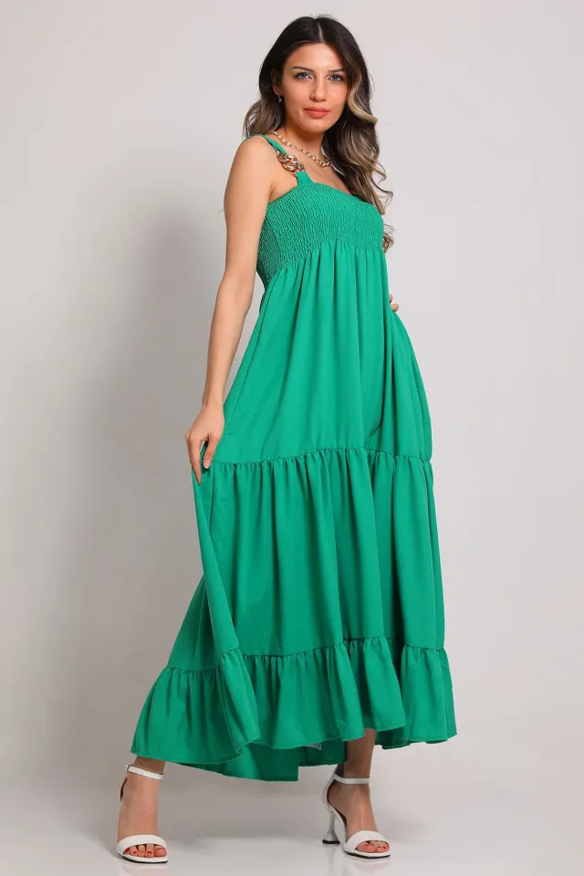 Kadın Zincir Askılı Göğüs Büzgülü Elbise Yeşil