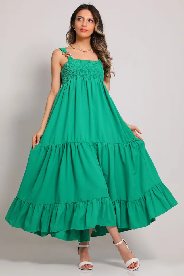Kadın Zincir Askılı Göğüs Büzgülü Elbise Yeşil