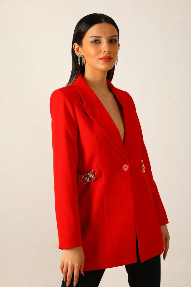Kadın Zincir Detaylı Astarlı Uzun Blazer Ceket Kırmızı