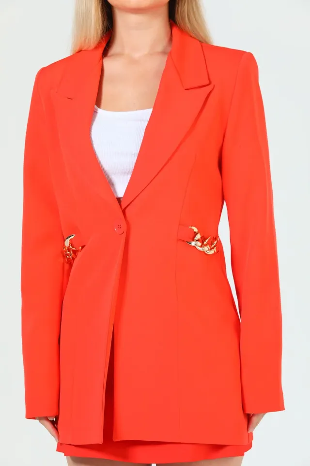 Kadın Zincir Detaylı Astarlı Uzun Blazer Ceket Orange