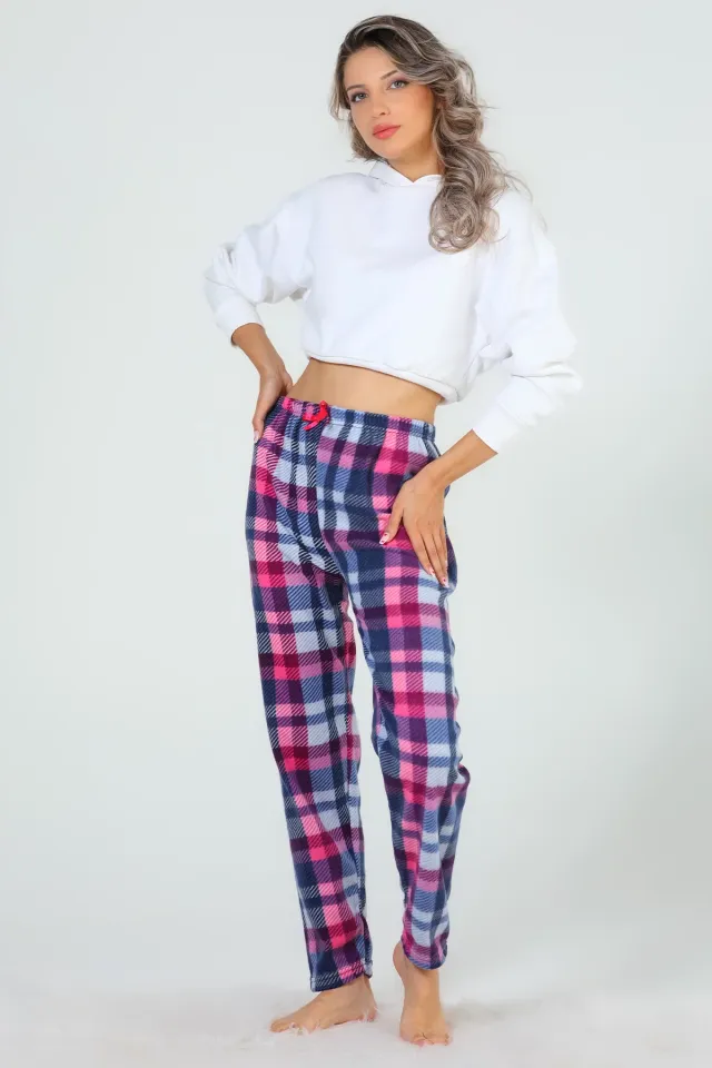 Kadın Desenli Polar Alt Pijama Fuşya