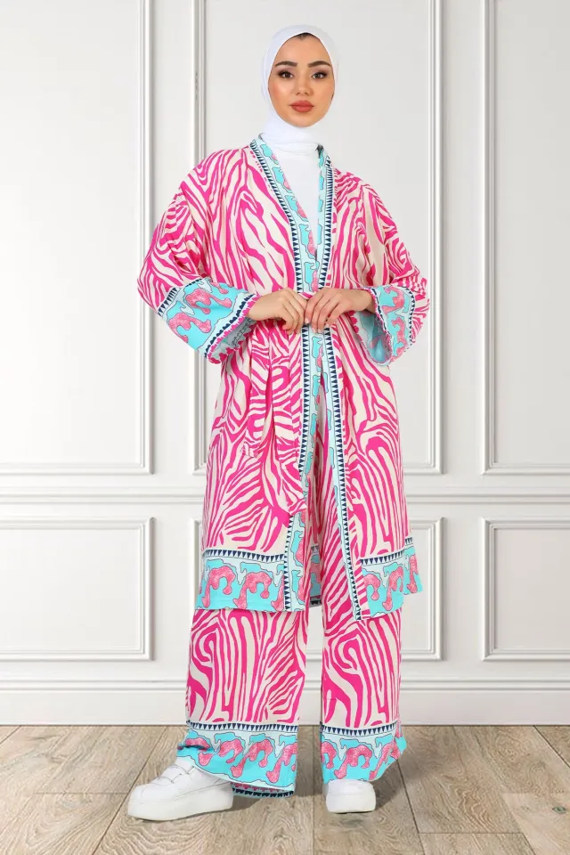 Kadın Desenli Tesettür Pantolon Kimono İkili Takım Fuşya