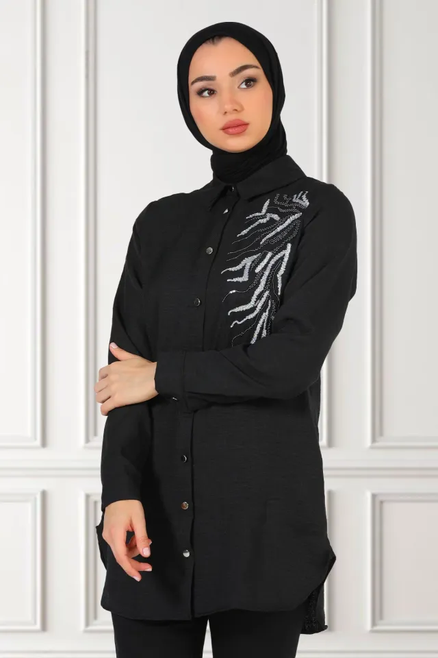 Kadın Pul Nakışlı Keten Tesettür Gömlek Tunik Siyah