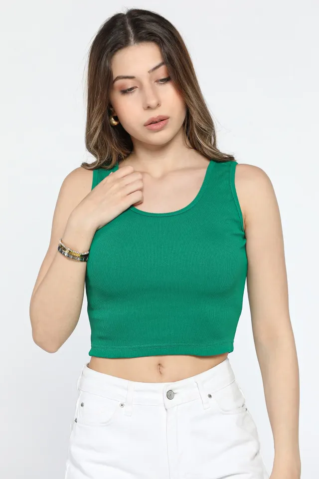 Kalın Askılı Likralı Kadın Kaşkorse Crop Tops Bluz Yeşil