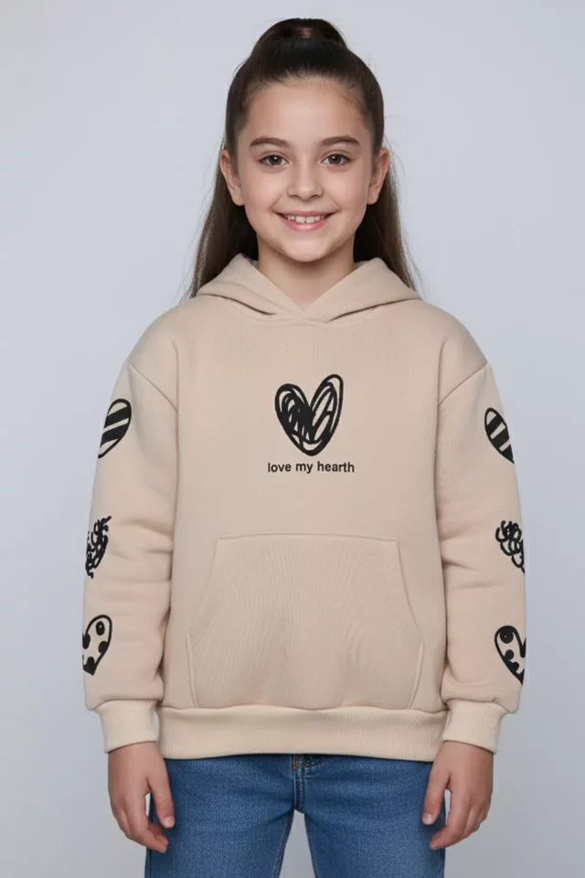 Kalp Baskılı Kapüşonlu Üç İplik Şardonlu Kız Çocuk Sweatshirt - 1