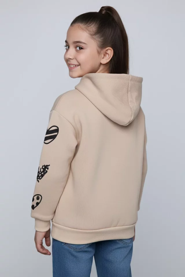 Kalp Baskılı Kapüşonlu Üç İplik Şardonlu Kız Çocuk Sweatshirt - 2
