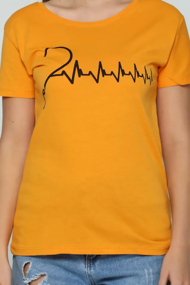Kalp Ritmi Baskılı Sevgili Kombin Kadın T-shirt Hardal