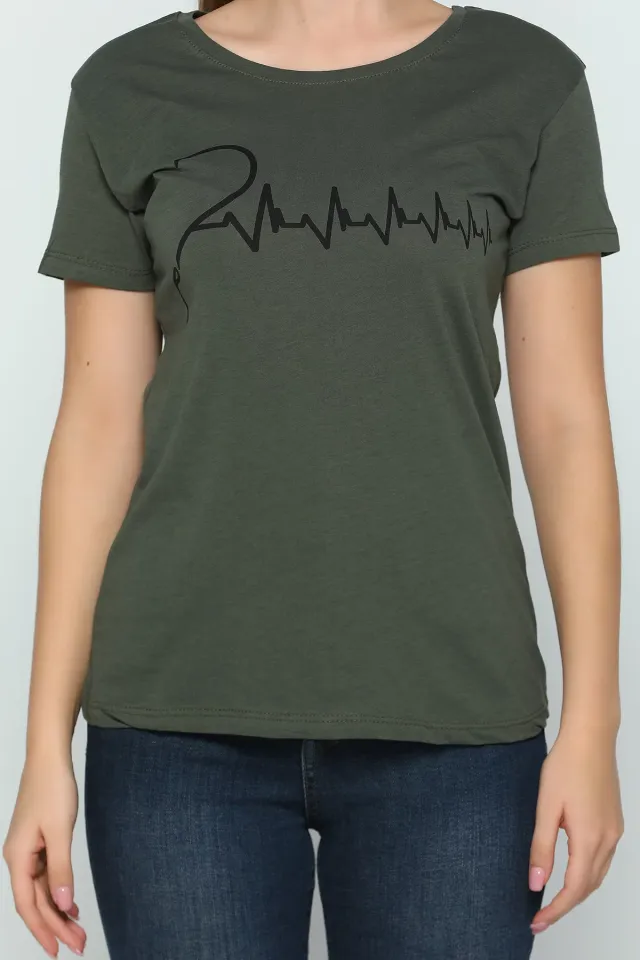 Kalp Ritmi Baskılı Sevgili Kombin Kadın T-shirt Haki
