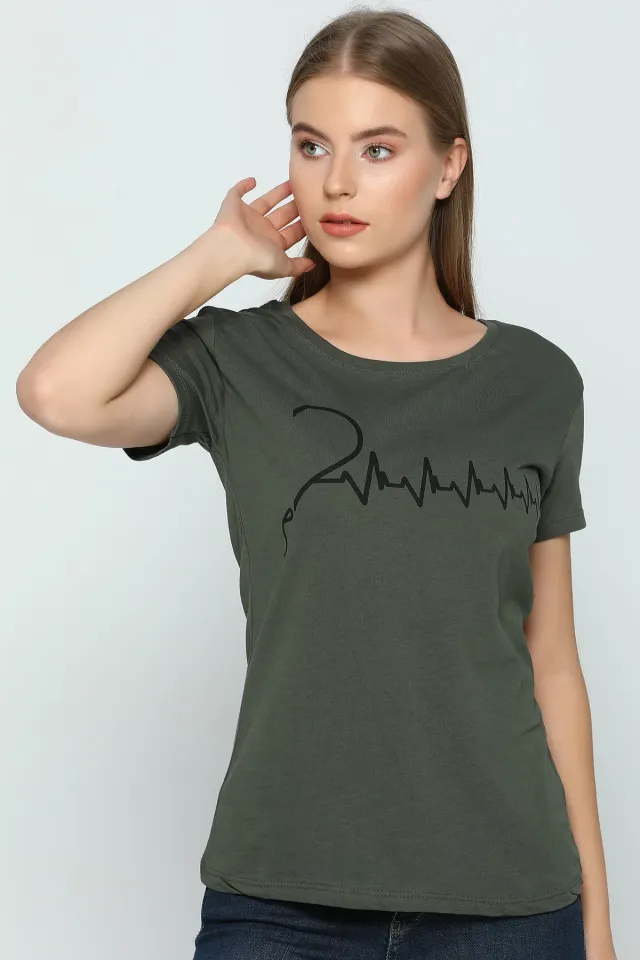 Kalp Ritmi Baskılı Sevgili Kombin Kadın T-shirt Haki