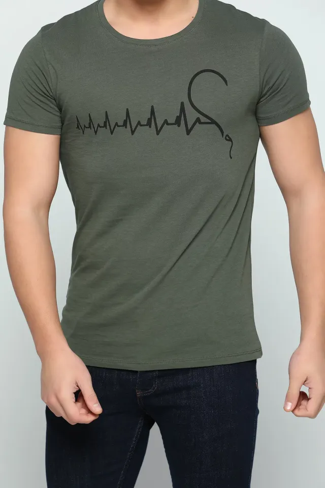 Kalp Ritmi Baskılı Sevgili Kombin Erkek T-shirt Haki