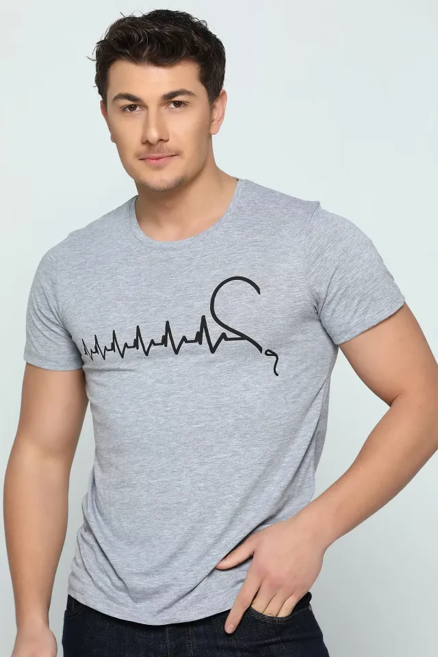 Kalp Ritmi Baskılı Sevgili Kombin Erkek T-shirt Gri