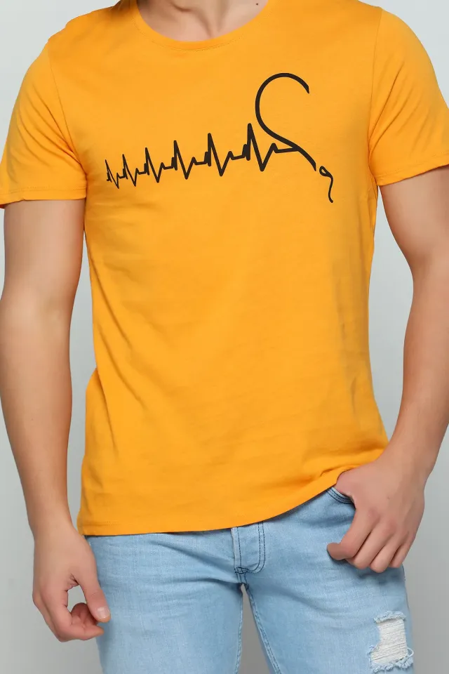 Kalp Ritmi Baskılı Sevgili Kombin Erkek T-shirt Hardal