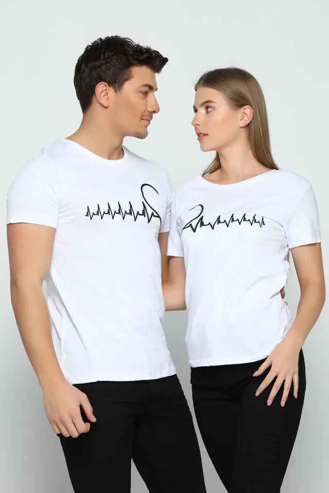 Kalp Ritmi Baskılı Sevgili Kombin Erkek T-shirt Beyaz